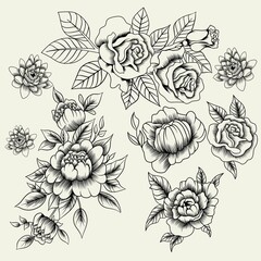 Vector Illustration of Red Roses in black and white