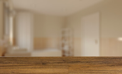 Fototapeta na wymiar Background with empty table. Flooring. Clean and fresh bathroom with natural light. 3D rendering.