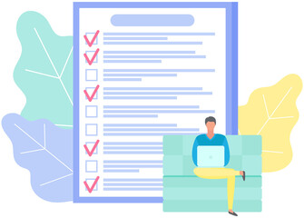Man sitting with laptop near big paper clipboard with check marks, to do list. Successful time management, schedule planning. Male character with checklist, task planner program on computer