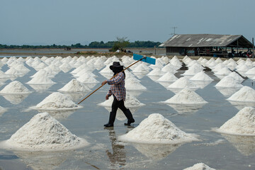 Salt farmers carry salt into the shed.