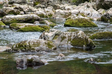 Fast flowing water/waterfalls flowing through the Aberglaslyn Pass near to Beddgelert, in Snowdonia National Park, north Wales