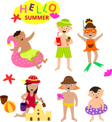 Summer funny color set of vector characters. Multinational happy children,  holidays, sand castle, swim ring pink flamingo, fins, swimming mask, ice cream. Eps template print for t shirt, poster