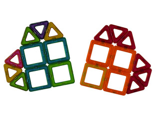 Heart-shaped, lined with multicolored parts of a magnetic constructor isolated on a white background.