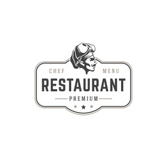 Restaurant logo template vector object for logotype or badge design. Trendy retro style illustration, chef man silhouette.