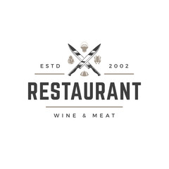 Restaurant logo template vector object for logotype or badge design. Trendy retro style illustration, knifes cross silhouette.