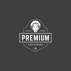 Restaurant logo template vector object for logotype or badge design. Trendy retro style illustration, chef woman silhouette.