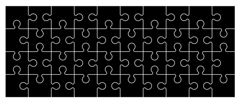 Black jigsaw puzzle pieces connection line pattern. Puzzle pieces icon or pictogram. Cartoon vector outline.   Dubbele platte puzzels. Teamwork concept. Mosic sign. Game print. logo or symbol.