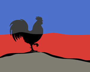 Black rooster vector silhouette in lino cut style.