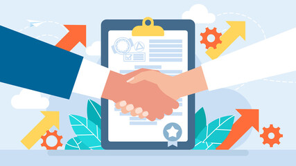 Concluding an agreement. Handshake as a sign of support, cooperation, consent. Diplomacy as a solution to the conflict. Signing the contract. Man and women shake hands. Flat business illustration