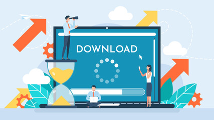Software download or operating system. Updating progress bar. Installing app patch. Download to keep the device up to date with added functionality in the new version. Flat design. Illustration