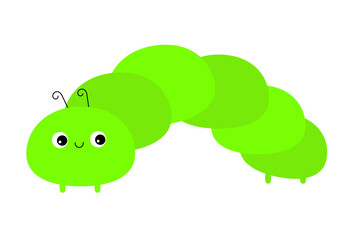 Caterpillar insect icon. Crawling catapillar bug. Baby collection. Cute kawaii cartoon funny character. Smiling face. Flat design. Colorful bright green color. White background. Isolated.