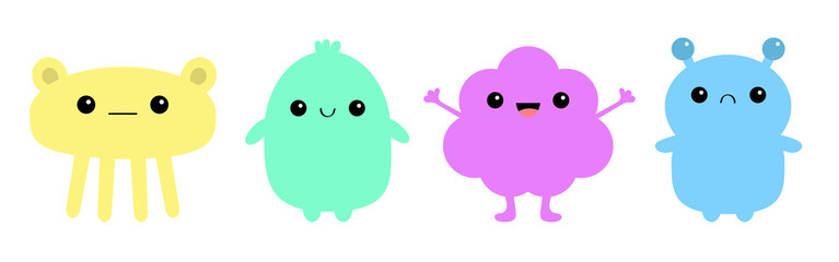 Monster icon set line banner. Happy Halloween. Kawaii cute cartoon baby character. Funny face head body. Hands up, horn, eyes fang teeth tongue. Patel color. Flat design. White background.