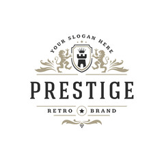 Obraz premium Luxury logo template vector object for logotype or badge design. Trendy vintage royal style illustration, good for fashion boutique, alcohol or hotel brand.