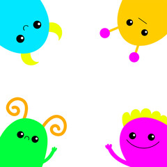 Monster icon set in the corner frame. Happy Halloween. Kawaii cute cartoon baby character. Funny face head body. Colorful silhouette. Flat design. White background.
