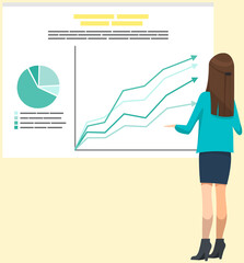 Woman looking at statistics diagram. Businesswoman analysing report with statistical indicators. Girl examines results of analysis. Personal investment, finance, funding, capital accumulation concept