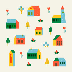 Bundle of various tiny houses with trees, flowers, bushes. The concept of minimalist urban residential exterior with primary colors. Cozy buildings with windows, roof, vintage style plants. Vector