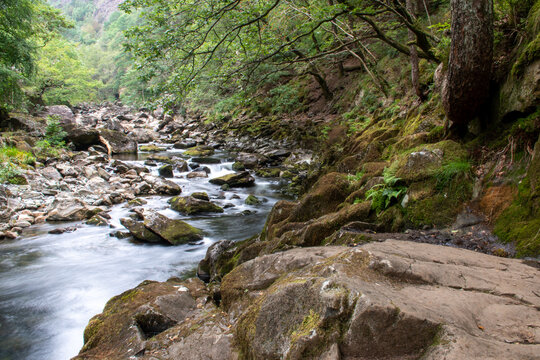 Fast flowing water/waterfalls flowing through the Aberglaslyn Pass near to Beddgelert, in Snowdonia National Park, north Wales