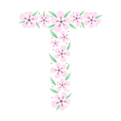 Floral botanical alphabet. Vintage hand drawn monogram letter T. Letter with plants and flowers. Vector lettering isolated on white