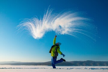boiling water in the cold, happy woman on a walk in winter,