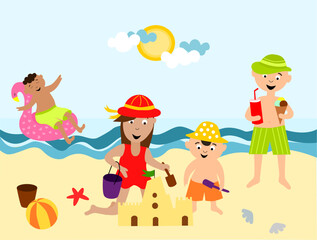 Obraz na płótnie Canvas Summer funny color vector image.Multinational happy children play on the beach by the sea.Holidays,sand castle,swim ring pink flamingo, ice cream.Eps digital illustration for poster,banner,website
