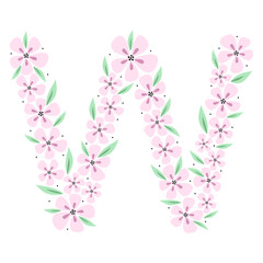 Floral botanical alphabet. Vintage hand drawn monogram letter W. Letter with plants and flowers. Vector lettering isolated on white