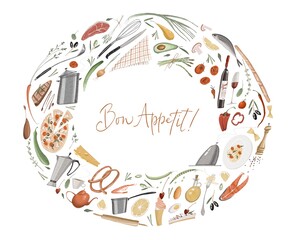 Oval frame. Cooking, food, wine, dishes. Banner design with restaurant food on a white background. Cute cartoon style. Stock illustration.