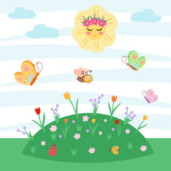 Summer landscape, meadow with flowers and sun. Vector Illustration for printing, backgrounds, covers, packaging, greeting cards, posters, stickers, textile and seasonal design.