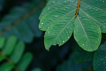 selective focus Green leaves with dew on leaves after a rainstorm has passed to moisten the foliage. Natural images have space for text.