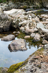 Fast flowing water/waterfalls flowing through the Aberglaslyn Pass near to Beddgelert, in Snowdonia National Park, north Wales