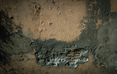 Dark background. Detail of an old plastered brick wall. Sunlit peeling wall with plant shadows.