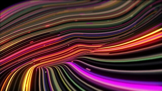 Waves from neon tracks. Glowing neon tracks. Background of bright colored lines. Neon cyberpunk. Colored electrical lines.