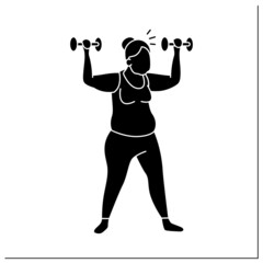 Fototapeta na wymiar Workout glyph icon. Exercises with dumbbells. Low impact training. Cardio. Prevention diseases. Senior exercise concept.Filled flat sign. Isolated silhouette vector illustration