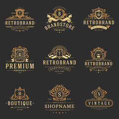 Luxury monograms logos templates vector objects set for logotype or badge design. Trendy vintage royal ornament frames illustration, good for fashion boutique, alcohol or hotel brand.