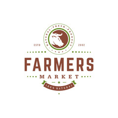 Farmers market logo template vector illustration. Farmer logotype or badge design. Trendy retro style cow head silhouette.