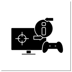 Video game glyph icon. Online gaming process. Interaction with players. Input device. Joystick, monitor. New media concept.Filled flat sign. Isolated silhouette vector illustration