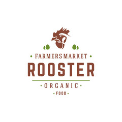 Farmers market logo template vector illustration. Farmer logotype or badge design. Trendy retro style rooster head silhouette.