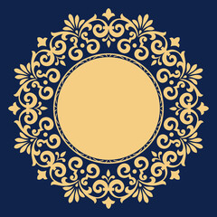 Decorative frame Elegant vector element for design in Eastern style, place for text. Floral golden and dark blue border. Lace illustration for invitations and greeting cards