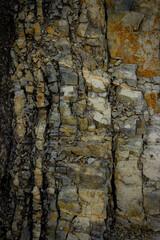 Natural stone background. Detail of crumbling layered rock. Dark vertical image.