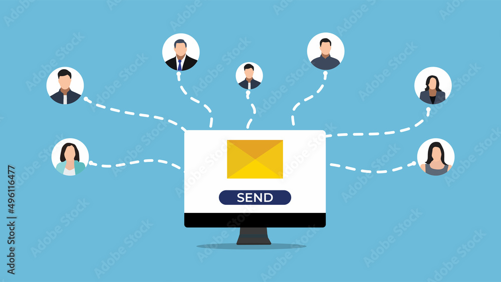 Poster office email communication system vector. sending an email to friends concept. business communicatio