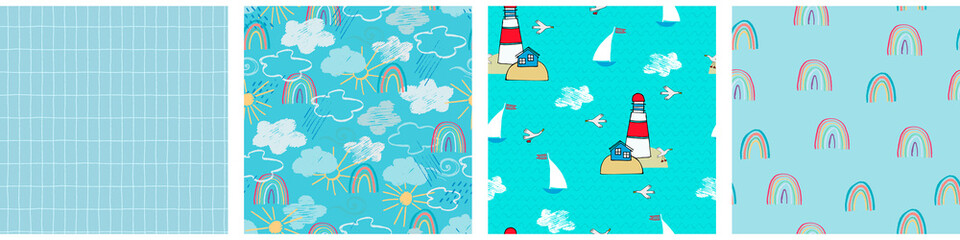 Obraz na płótnie Canvas Seamless patterns set with blue sky, white clouds, rainy clouds, rainbow, sun. Childs drawing style. Wallpaper, backgound for kids. Perfect for baby, toddler clothing, bed linen