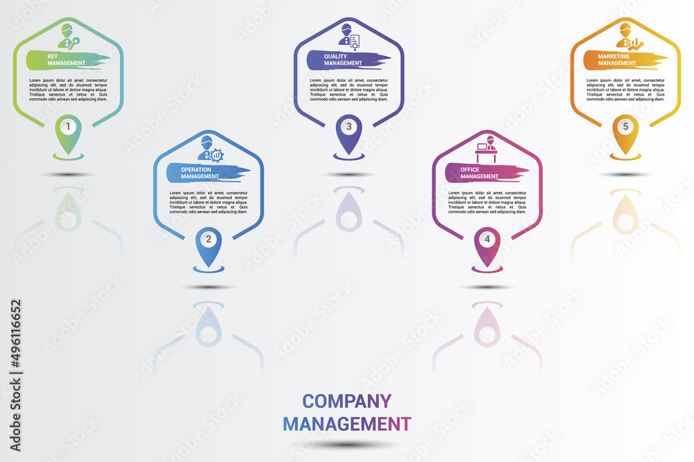 Poster infographic company management icons vector illustration. 5 colored steps info template with editabl