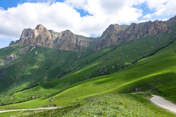 Naklejka na ściany i meble The landscape of the green Aktoprak pass in the Caucasus, the road and the mountains under gray clouds. Kabardino-Balkaria, Russia