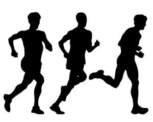 Young athletes run a marathon. Isolated silhouettes on white background
