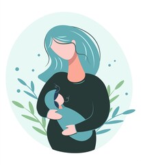 Mother and child, Mother's Day, Motherhood, Love, Tenderness. Happy Mother's Day greeting card. Icon. Vector illustration in a flat style with decorative leaves.