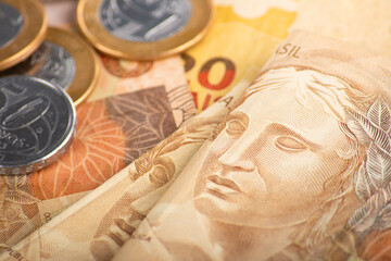 Brazilian money and coins. Finance concept.