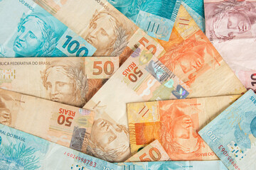 Brazilian money. Brazilian real banknotes. finance concept