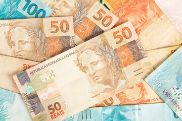 Brazilian money. Brazilian real banknotes. finance concept