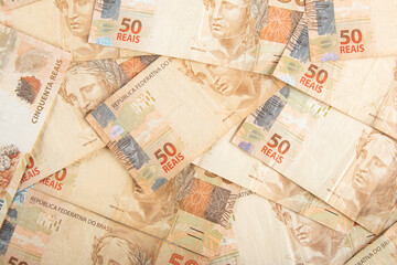 Brazilian money. 50 reais banknotes. Brazilian finance concept.