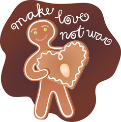 Make love not war. A Gingerbread man holding a gingerbread heart. A sugar sign at the background. - 496117041