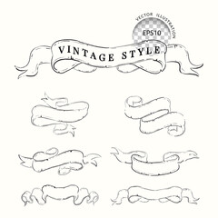 Set of hand drawn ribbons vintage style. Vector illustration